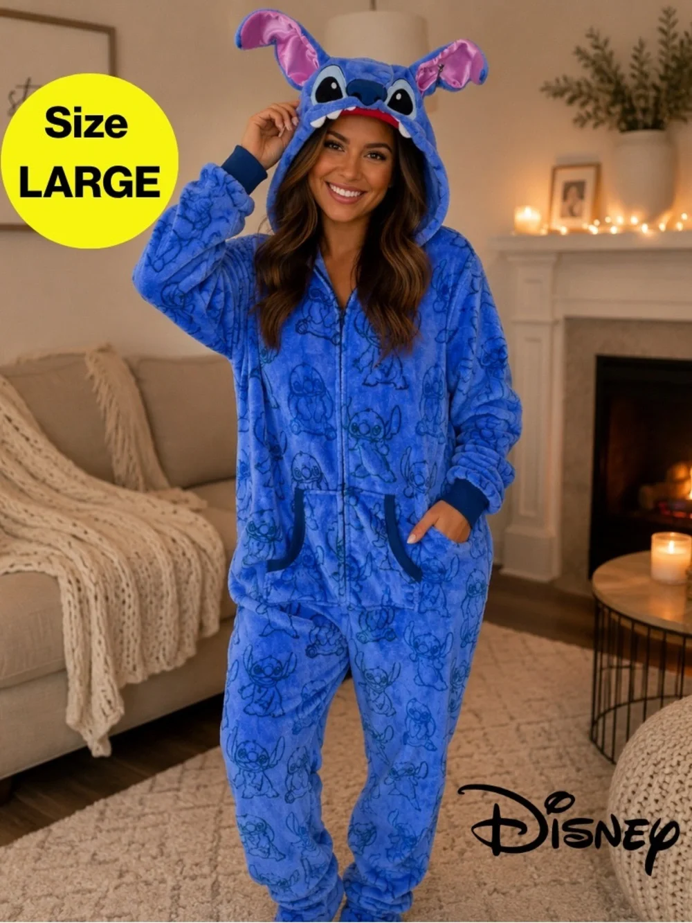 2/for $20 🪩 DISNEY’s STITCH Women’s Hooded Pajama Onesie, Pockets (Size Large)